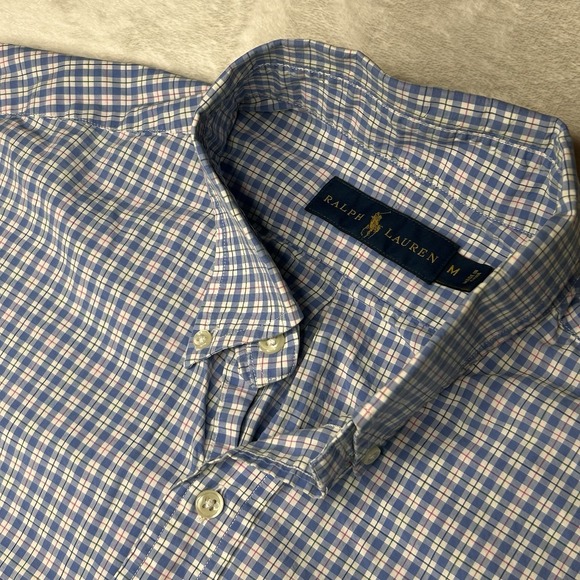Ralph Lauren Mens Medium Button DownBlue‎ Plaid Long Sleeve Pink Pony Shirt - Picture 1 of 8